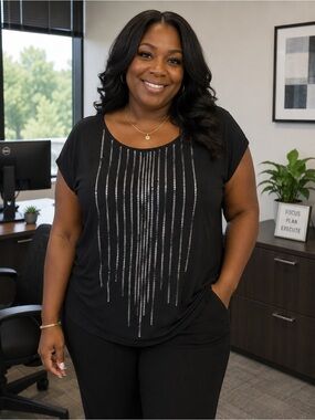 Catherines Black Short-Sleeve Scoop Neck Top with Rhinestone Stripes